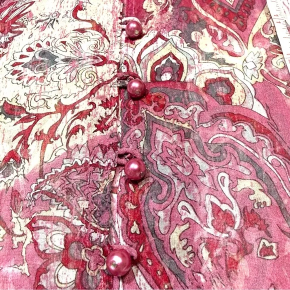 Stefanel VTG Y2K Silk Sheer Paisley Blouse Lace Trim Pearl Romantic Whimsical S - Picture 7 of 11